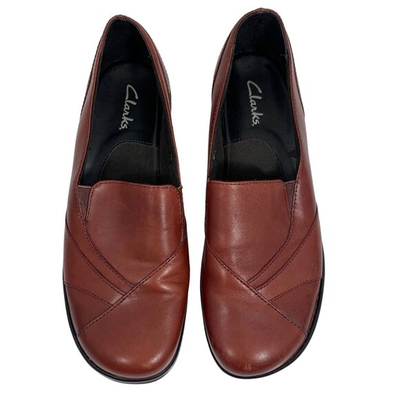 Clarks Women Red Leather Slip-On Loafers Clogs Comfortable Non-Slip Shoes SZ 6.5 - Picture 2 of 8